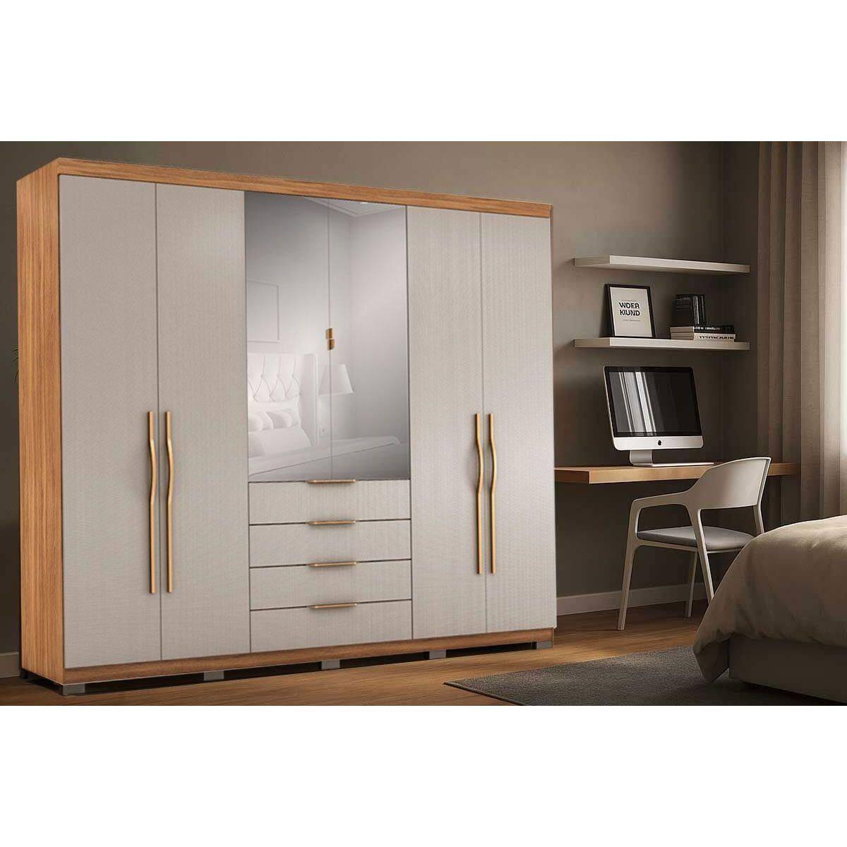 Guarda Roupa Casal 6 Portas (2 c/ Espelho) e 4 Gavetas c/ Pés Giardino Amendola/Nude Prime TX - Demóbile
