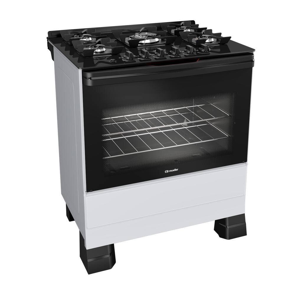 Fogão 5 Bocas Mueller com Mesa de Vidro e Forno 81L Branco Bivolt - MFV5BF