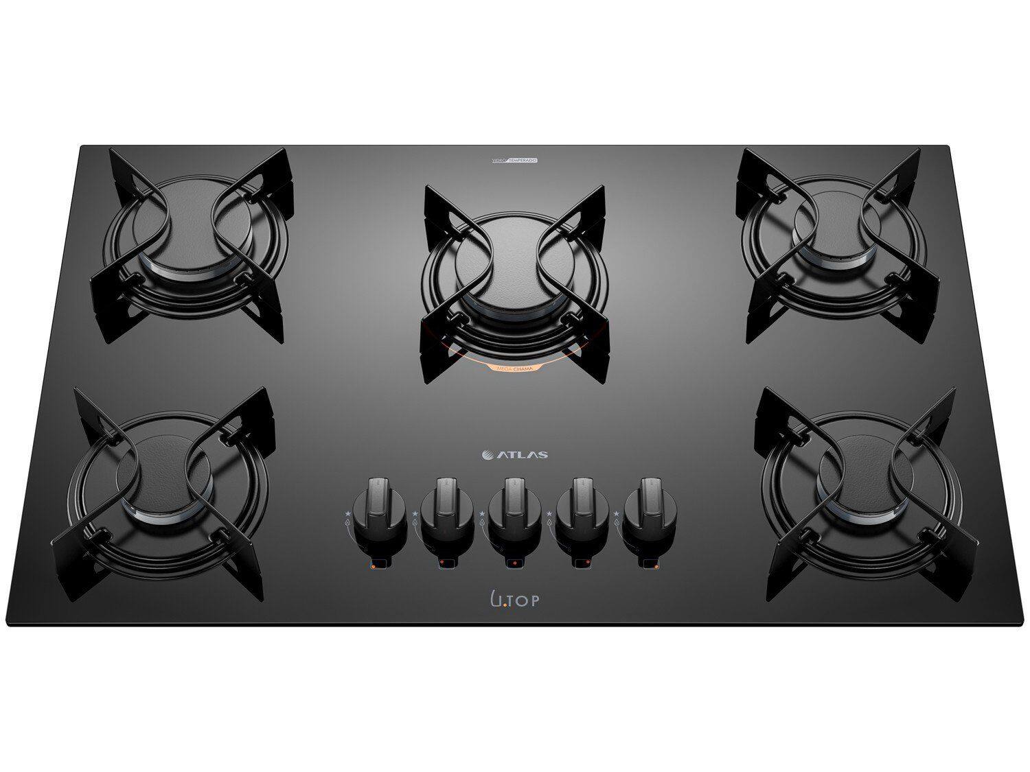 Cooktop Atlas Utop 5 Bocas Superautomático Mesa de Vidro Mega Chama Bivolt
