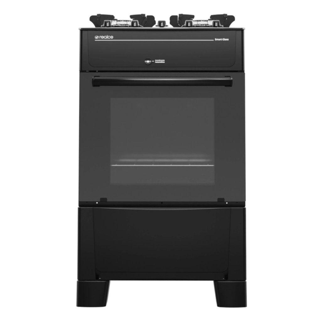 Fogão 4 Bocas Realce Smart Glass Mesa de Vidro Forno 50L Acendimento Automático Preto-Bivolt -