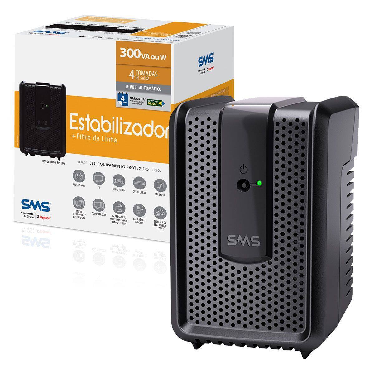 Estabilizador SMS Revolution Speedy 300VA, Entrada Bivolt Automático, Saída 115V, 4 Tomadas - 15970